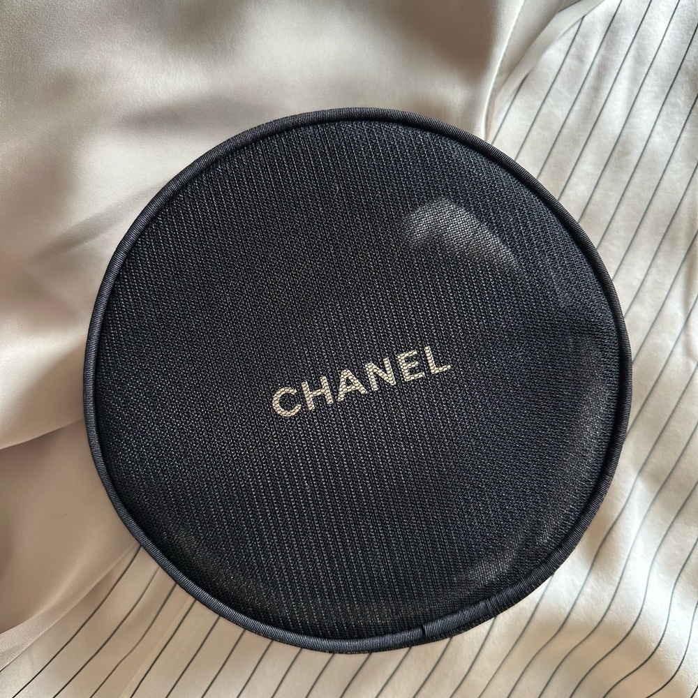 Chanel Black Mesh Round Zip Cosmetic Bag Case